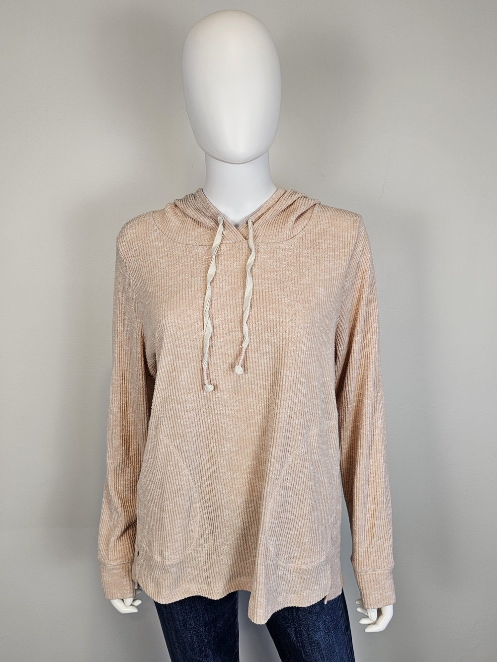 Postmark Anthropologie Light Peach Ribbed Hoodie Top with Drawstring Sz L